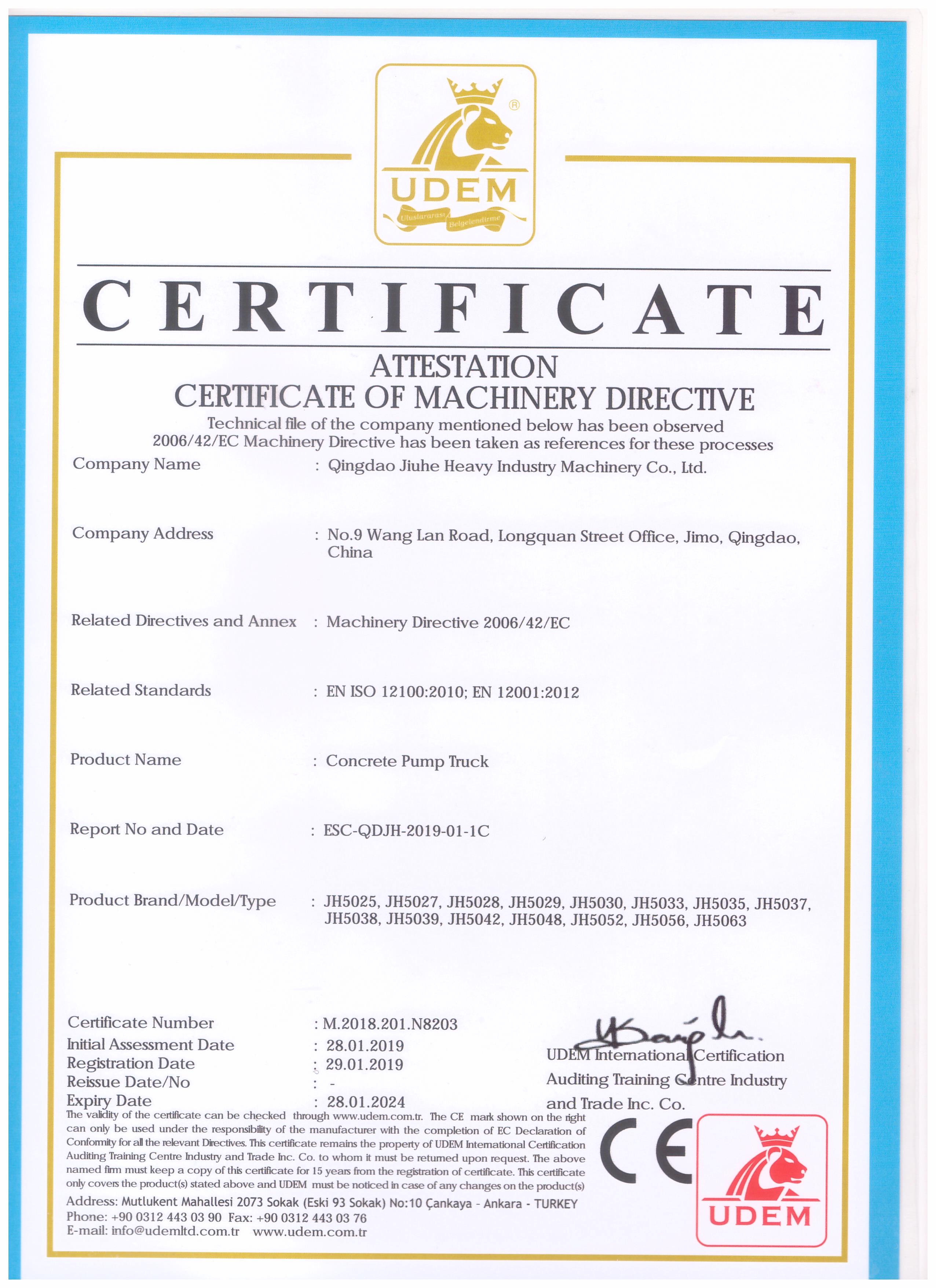 CE certificate of concrete pump truck